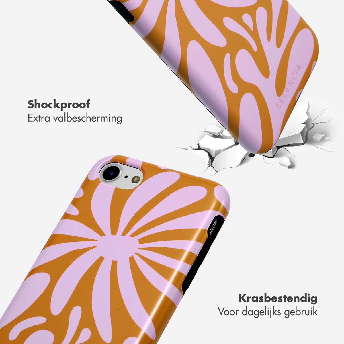 Twee telefoonhoesjes worden getoond. De hoesjes hebben een bloemenontwerp. Ze vallen en breken.