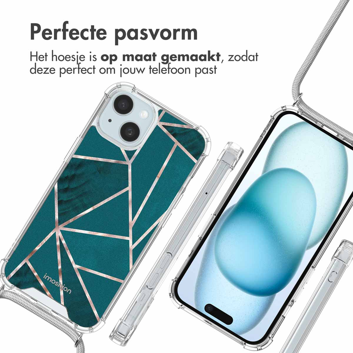 Twee telefoons zitten in hoesjes. Eén is transparant met een turquoise en gouden design, de andere is transparant.