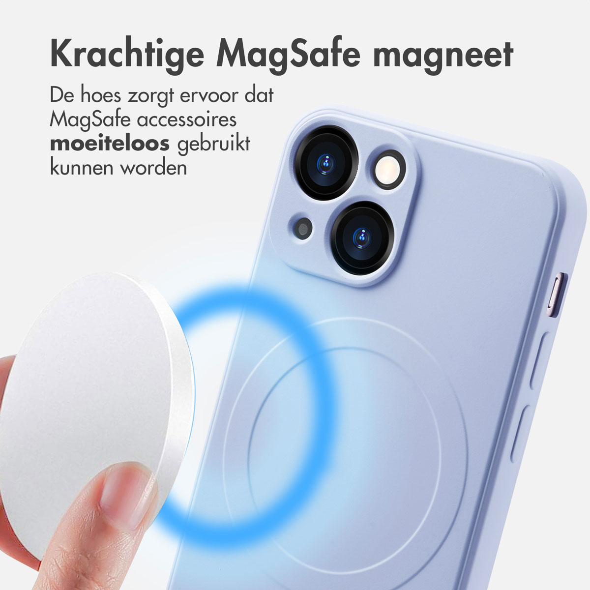 Telefoon in een paarse hoes, MagSafe-accessoire bevestigd. Tekst: 'Krachtige MagSafe-magneet'.