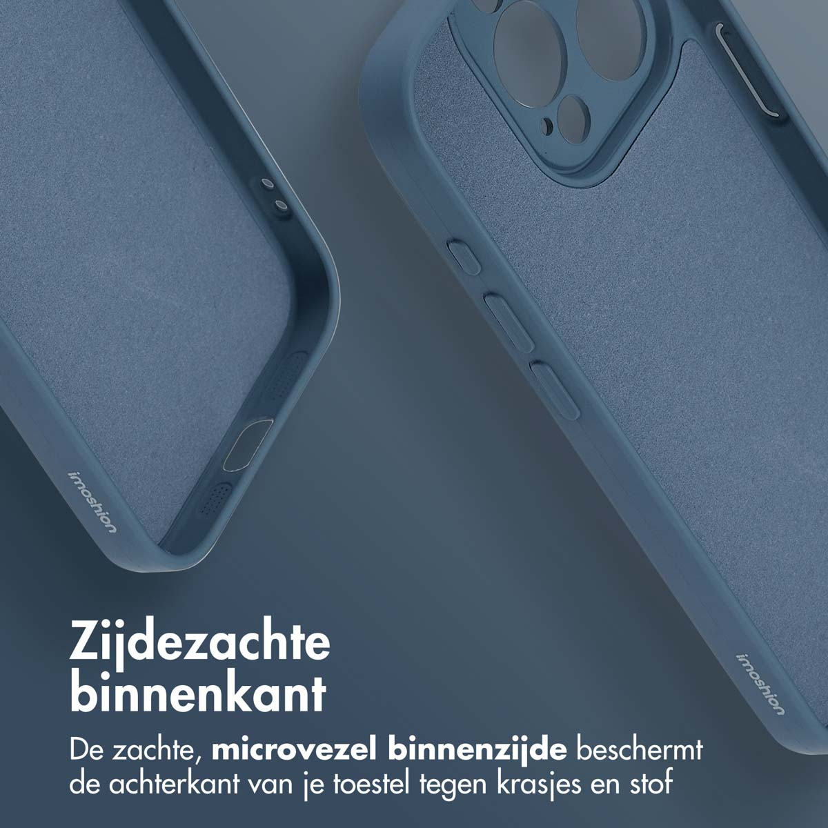 Gros plan sur une section de coque de téléphone. Coque bleue avec intérieur gris et logo imoshion.