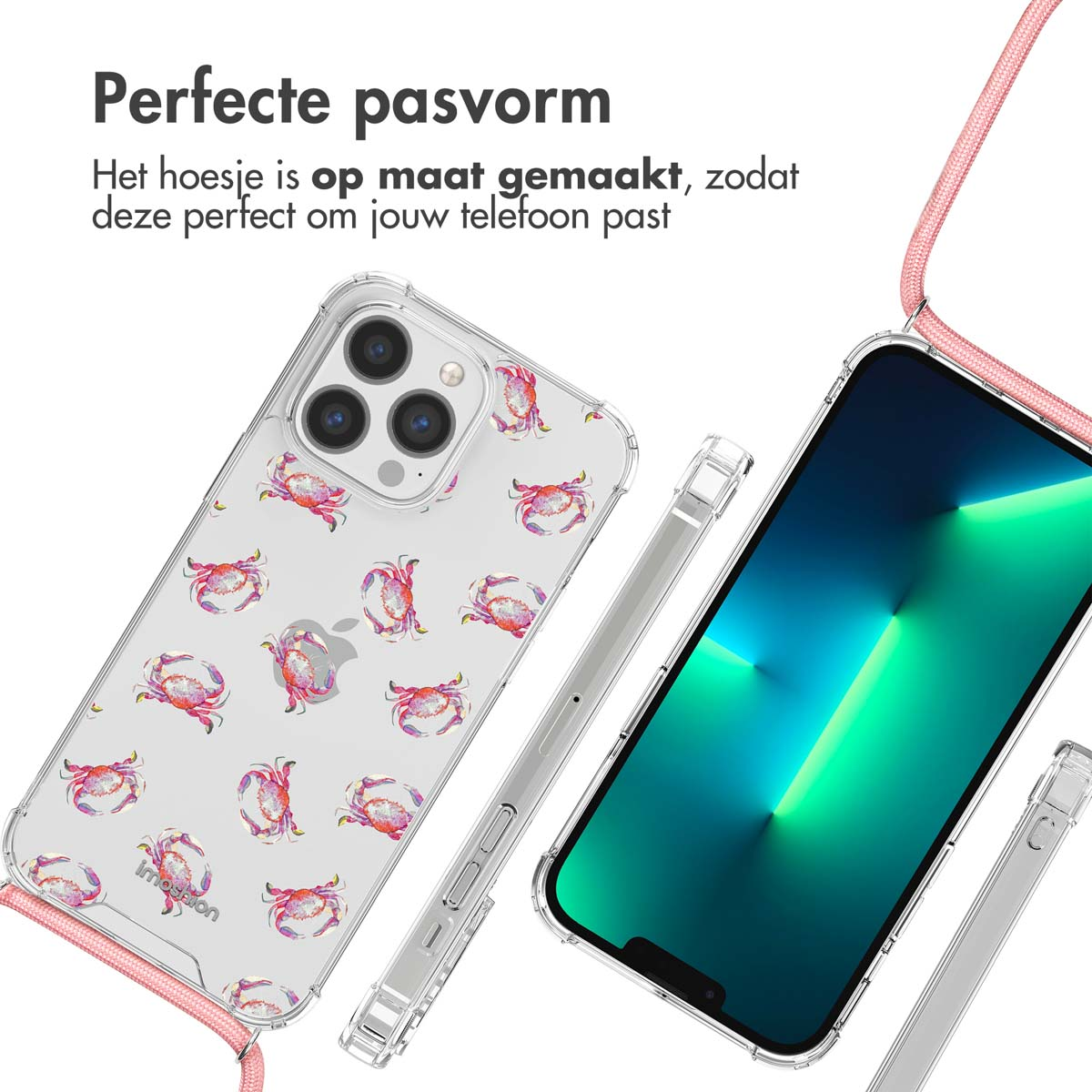 Coque de téléphone transparente avec motif crabe rouge. Un téléphone avec un écran vert se trouve à droite.