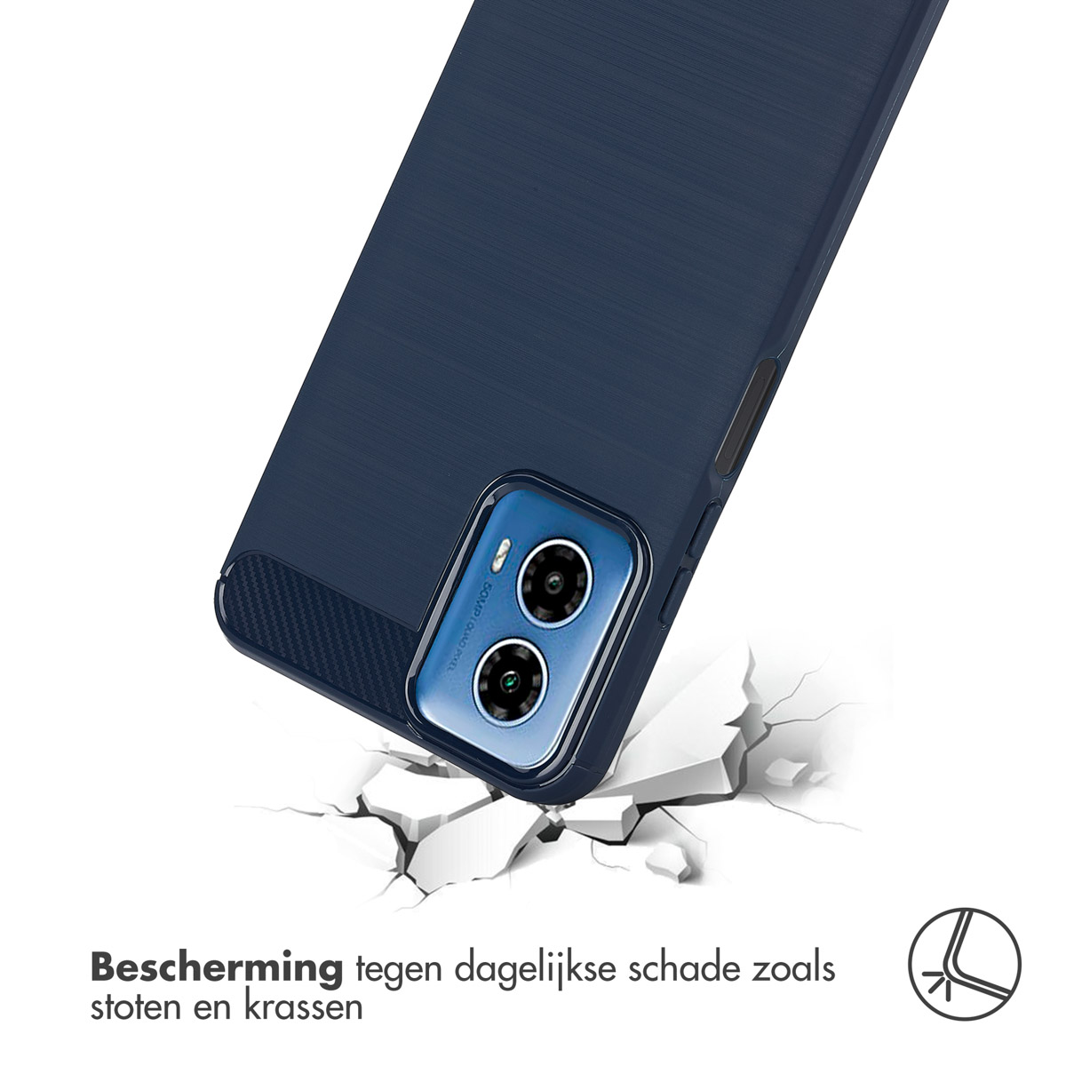 Donkerblauwe telefoonhoes die bij impact versplintert. Tekst: Bescherming tegen dagelijkse schade zoals stoten en krassen.