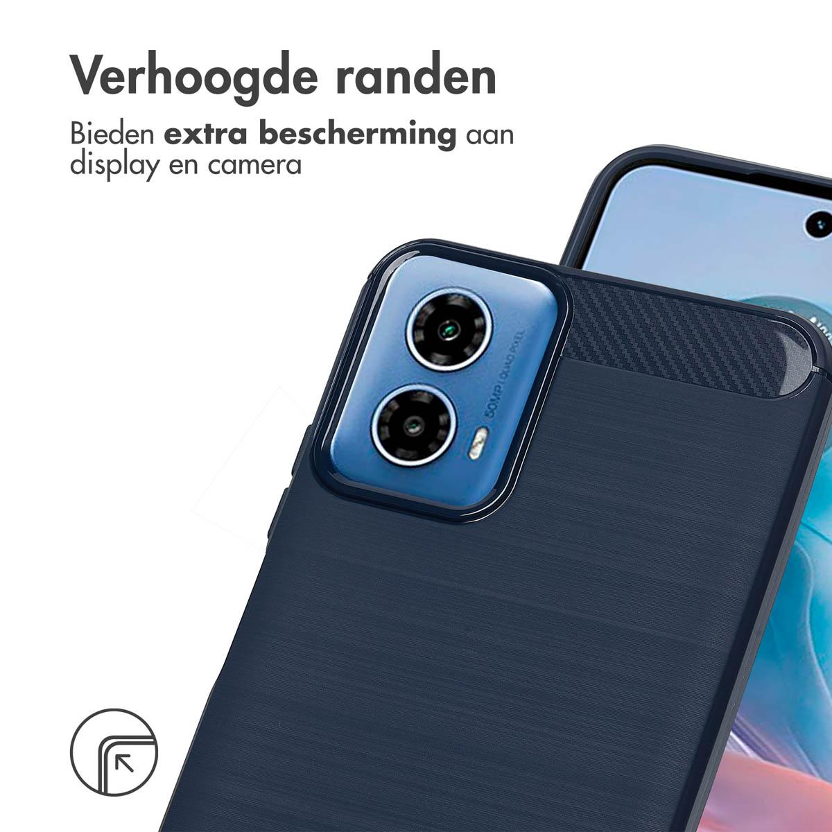 Een marineblauwe telefoonhoes met een getextureerd oppervlak, met een telefoon, met tekst die verhoogde randen vermeldt.