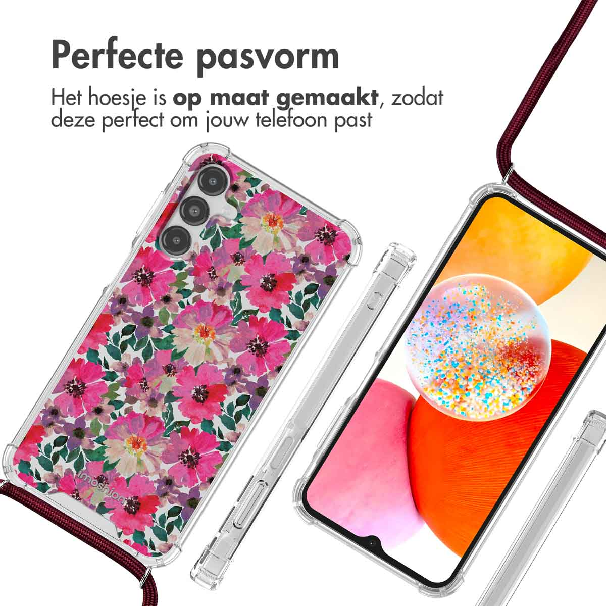 Coque de téléphone transparente avec motif floral rose. Deux téléphones avec coques sont affichés. Texte : Ajustement parfait.