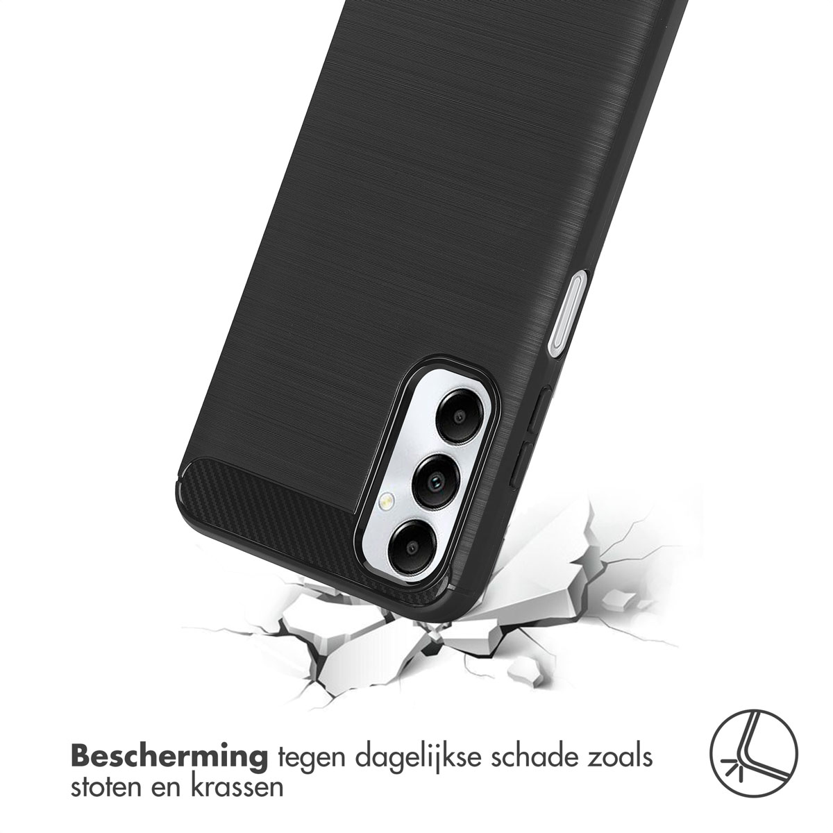 Coque de téléphone noire tombant sur une surface blanche, avec des fissures. La coque a un module caméra.