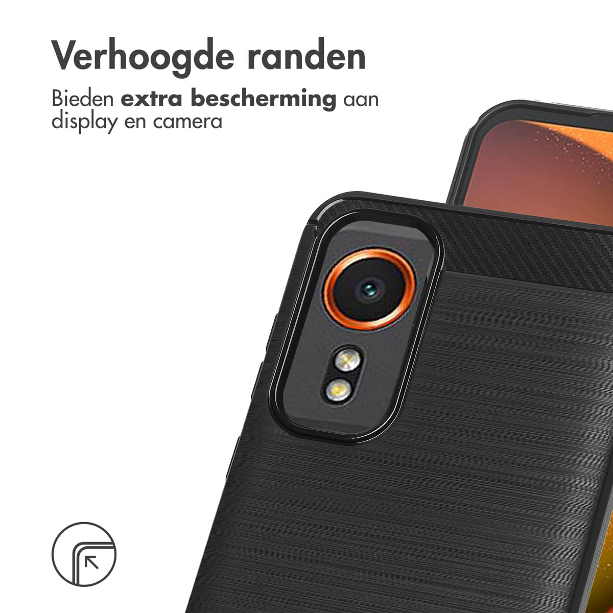 Gros plan d'une coque de téléphone avec une bosse de caméra. Texte : Les bords surélevés offrent une protection supplémentaire pour l'écran et l'appareil photo.
