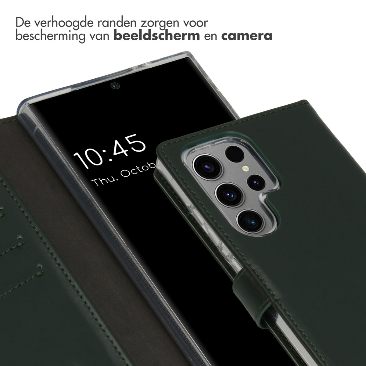 Eine grüne Handyhülle mit einem Telefon darin, das die Uhrzeit anzeigt, plus eine Ansicht der Telefonkamera.