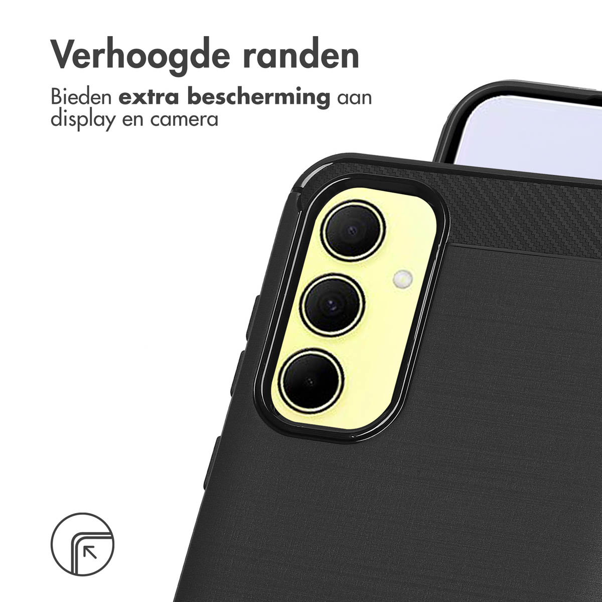 Primo piano di una custodia per telefono con un rialzo della fotocamera. Testo: I bordi rialzati offrono una protezione extra per il display e la fotocamera.