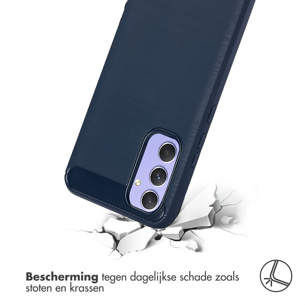 Una custodia blu navy con un telefono e crepe intorno.
