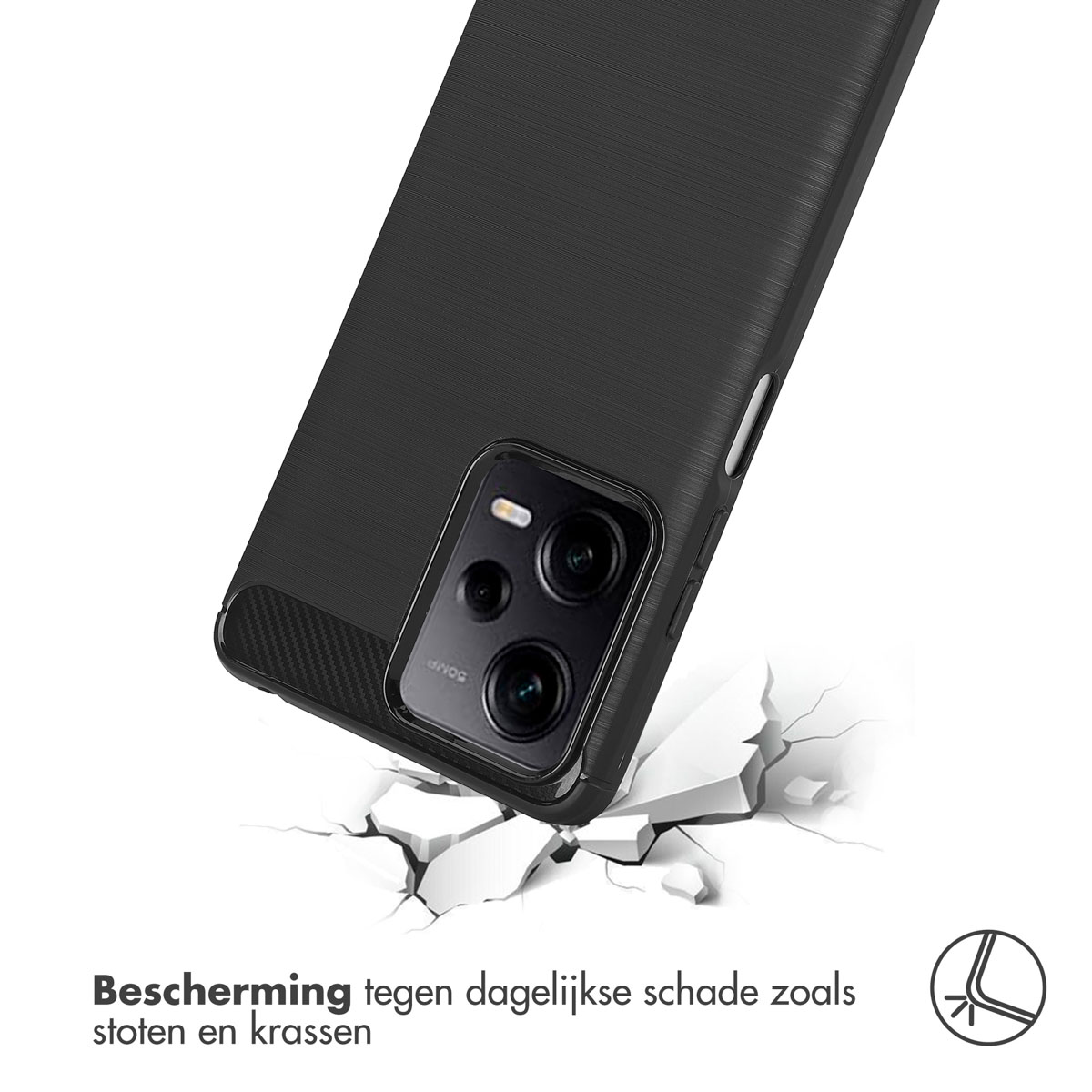 Coque de téléphone noire, téléphone et surface blanche fissurée.