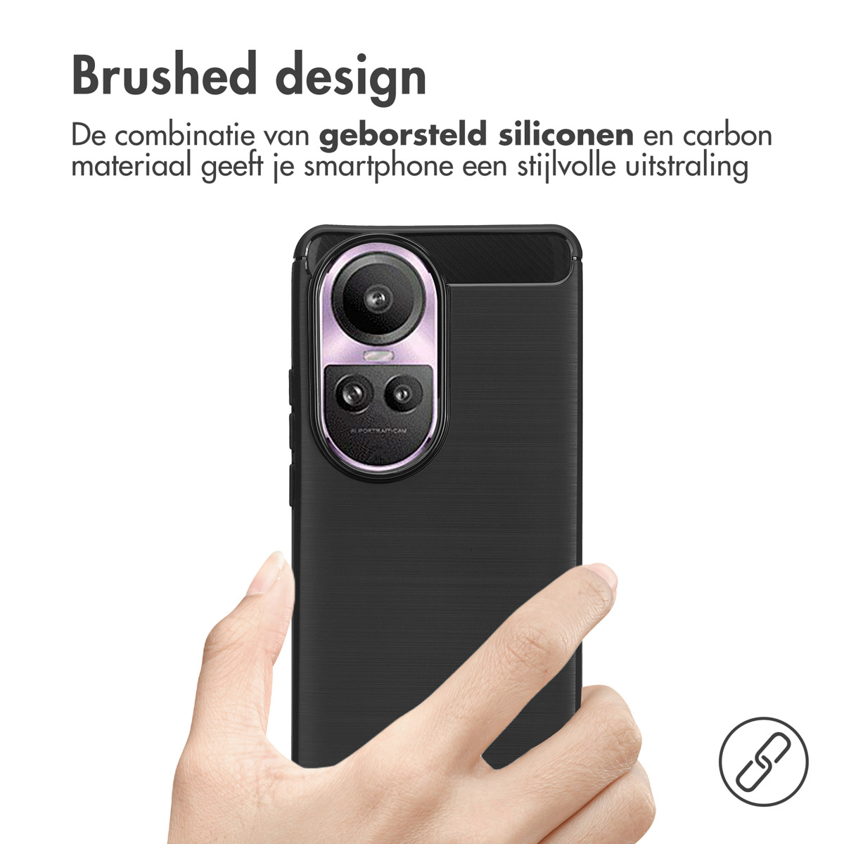 Una custodia per telefono con un telefono nero all'interno. Una mano tiene il telefono.