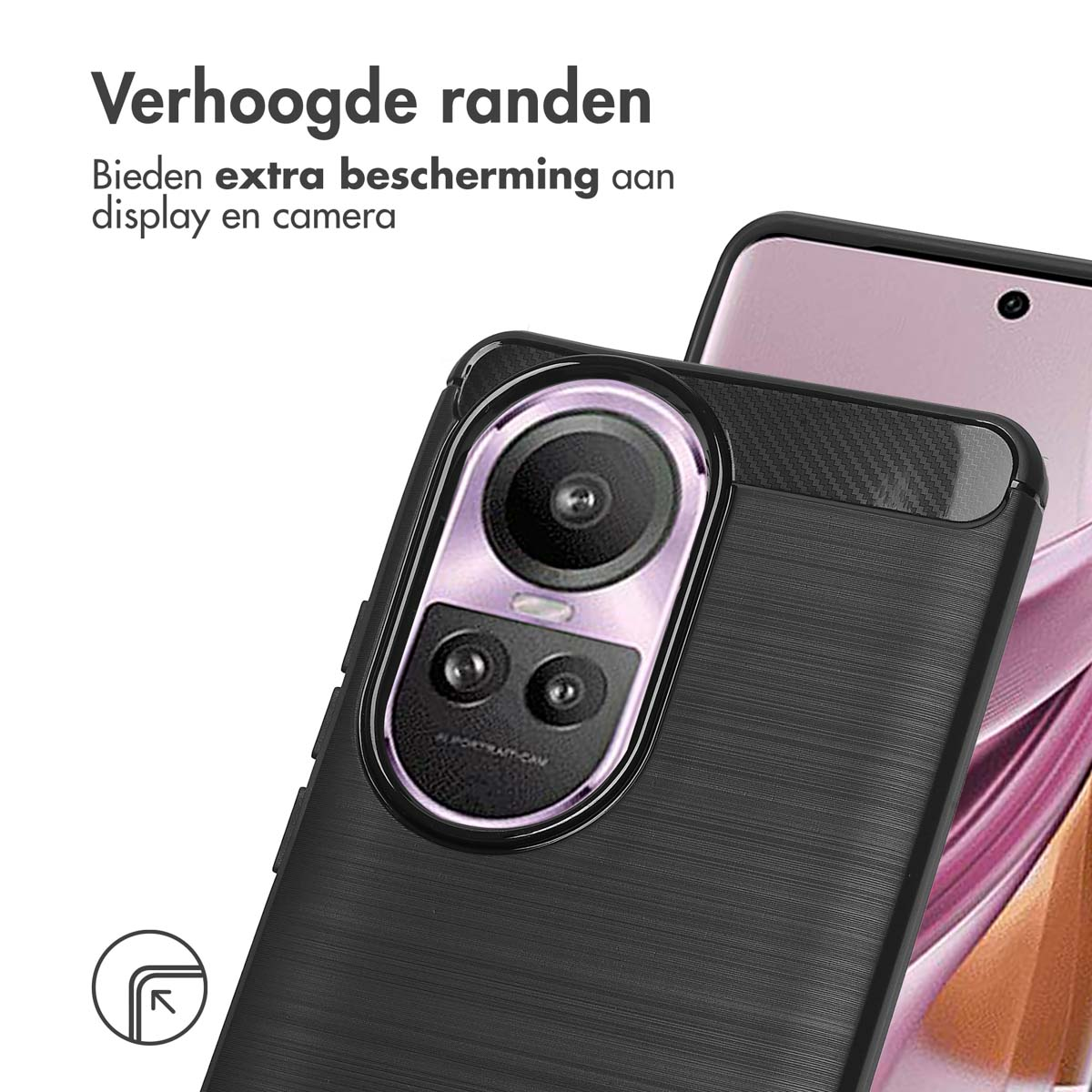 Un primo piano di una custodia del telefono su un telefono. La custodia è nera con un rilievo della fotocamera e un design strutturato.