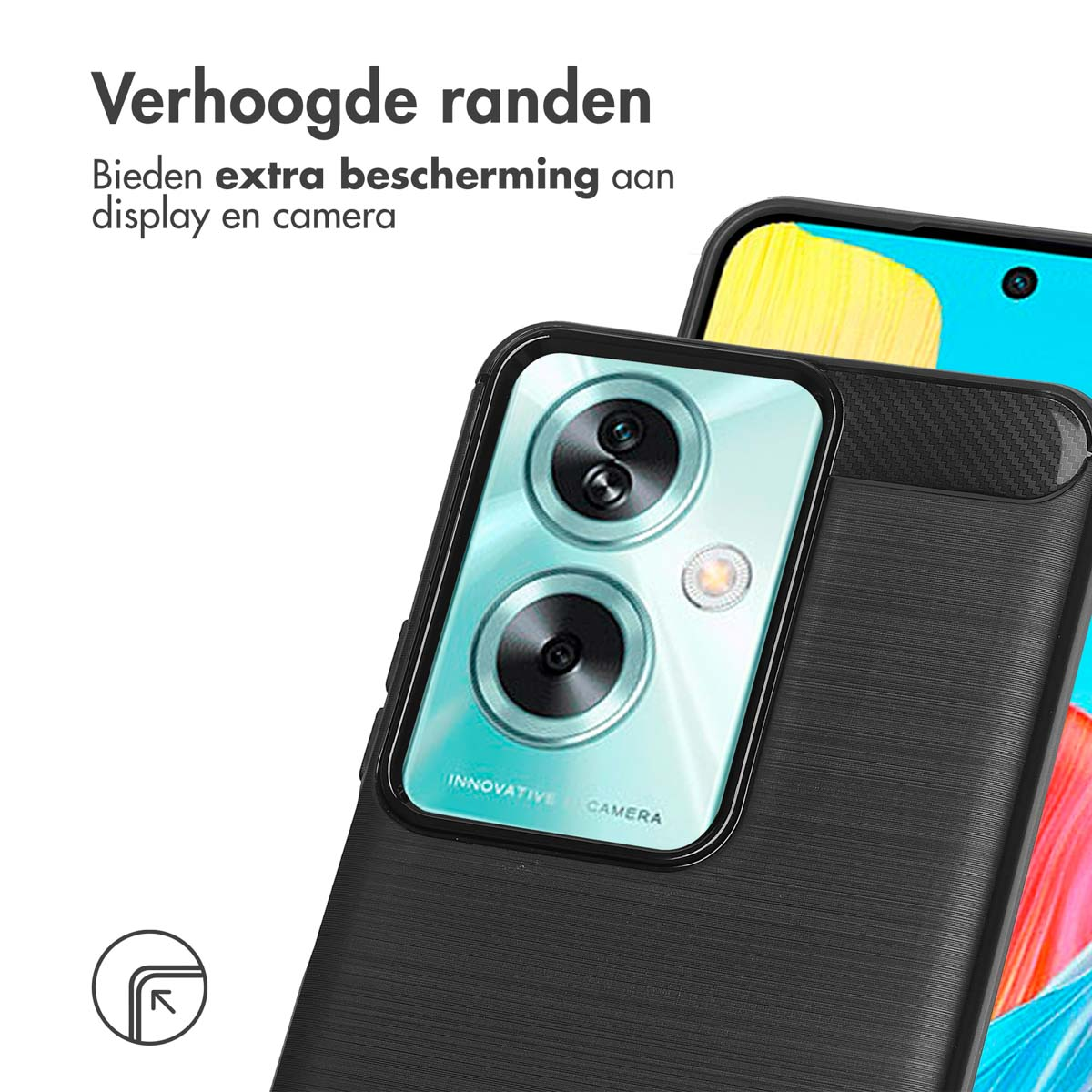 Une coque de téléphone noire avec un téléphone. Le bord de la coque est relevé. Le téléphone a un appareil photo.
