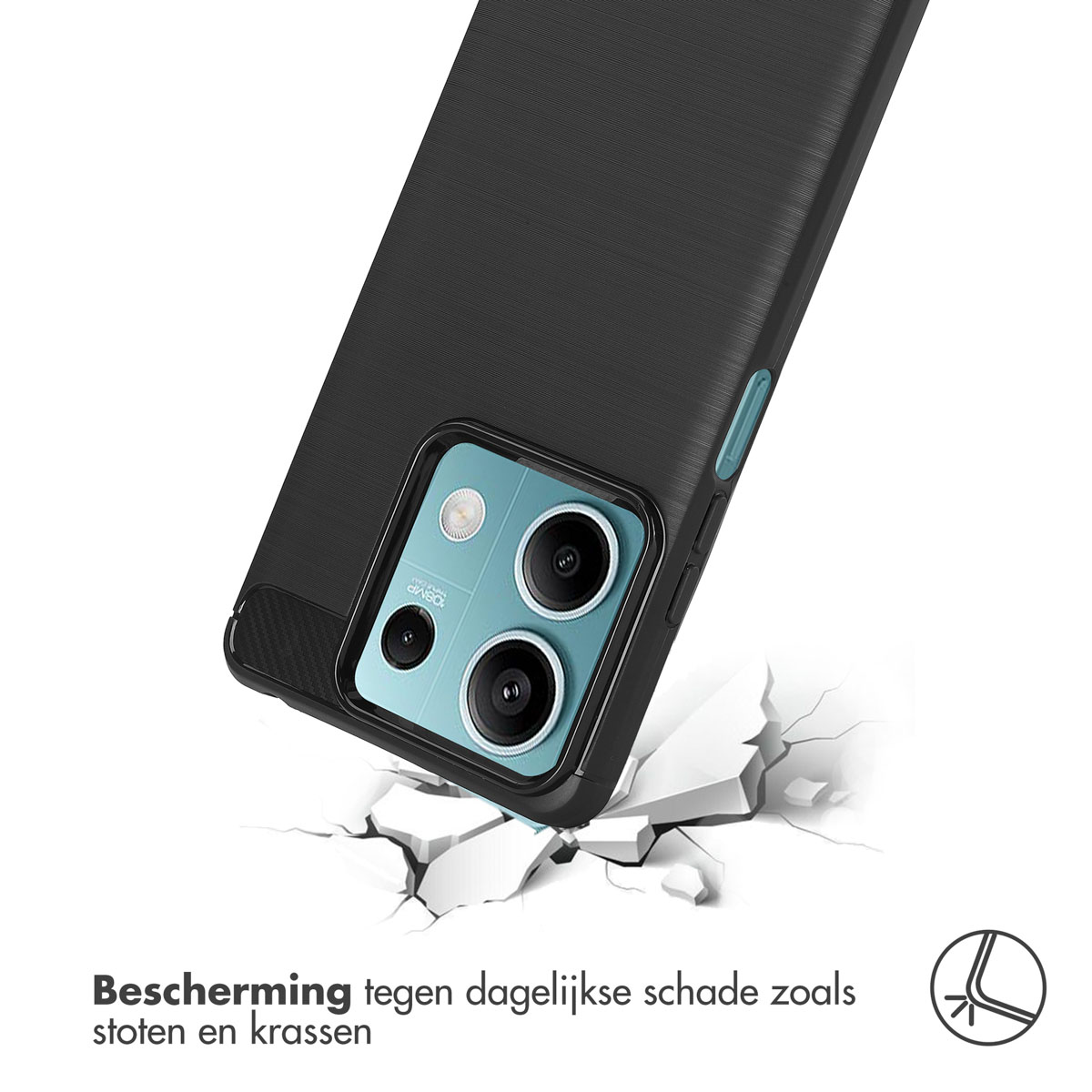 Zwarte telefoonhoes op een gebarsten oppervlak, getextureerde achterkant.