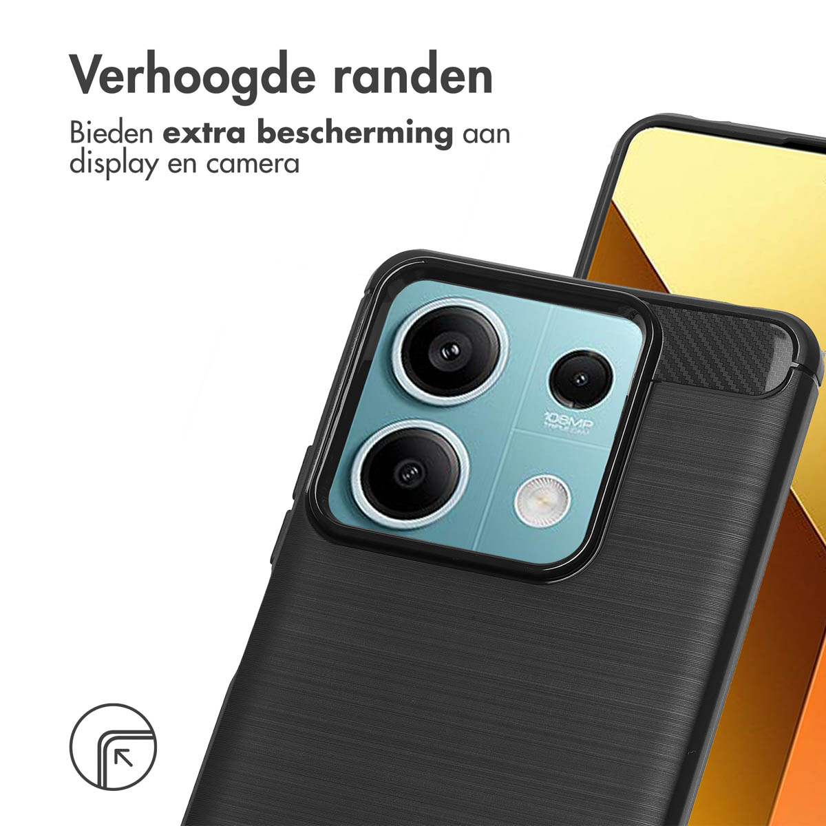 Zwarte telefoonhoes met camera-uitsteeksel. Tekst: 'Verhoogde randen'.
