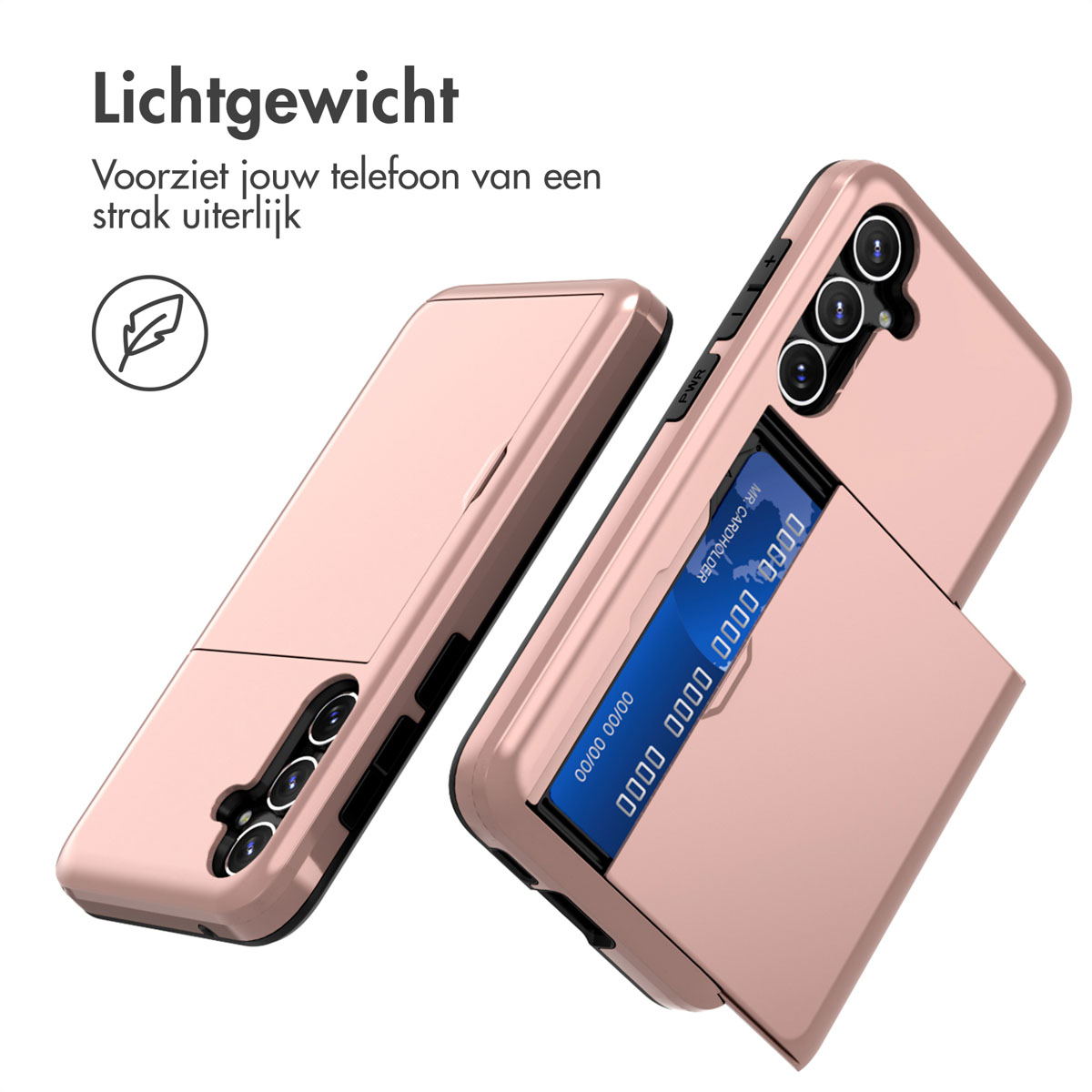 Un étui de téléphone rose doré avec un porte-cartes. L'étui est ouvert, révélant une carte bleue. Le texte en haut dit 'Lichtgewicht'.