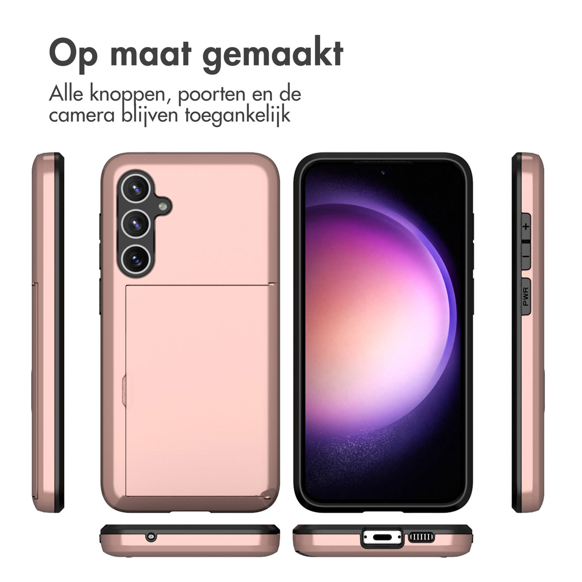 Coque de téléphone or rose avec écran violet et blanc. L'étui a un porte-cartes.