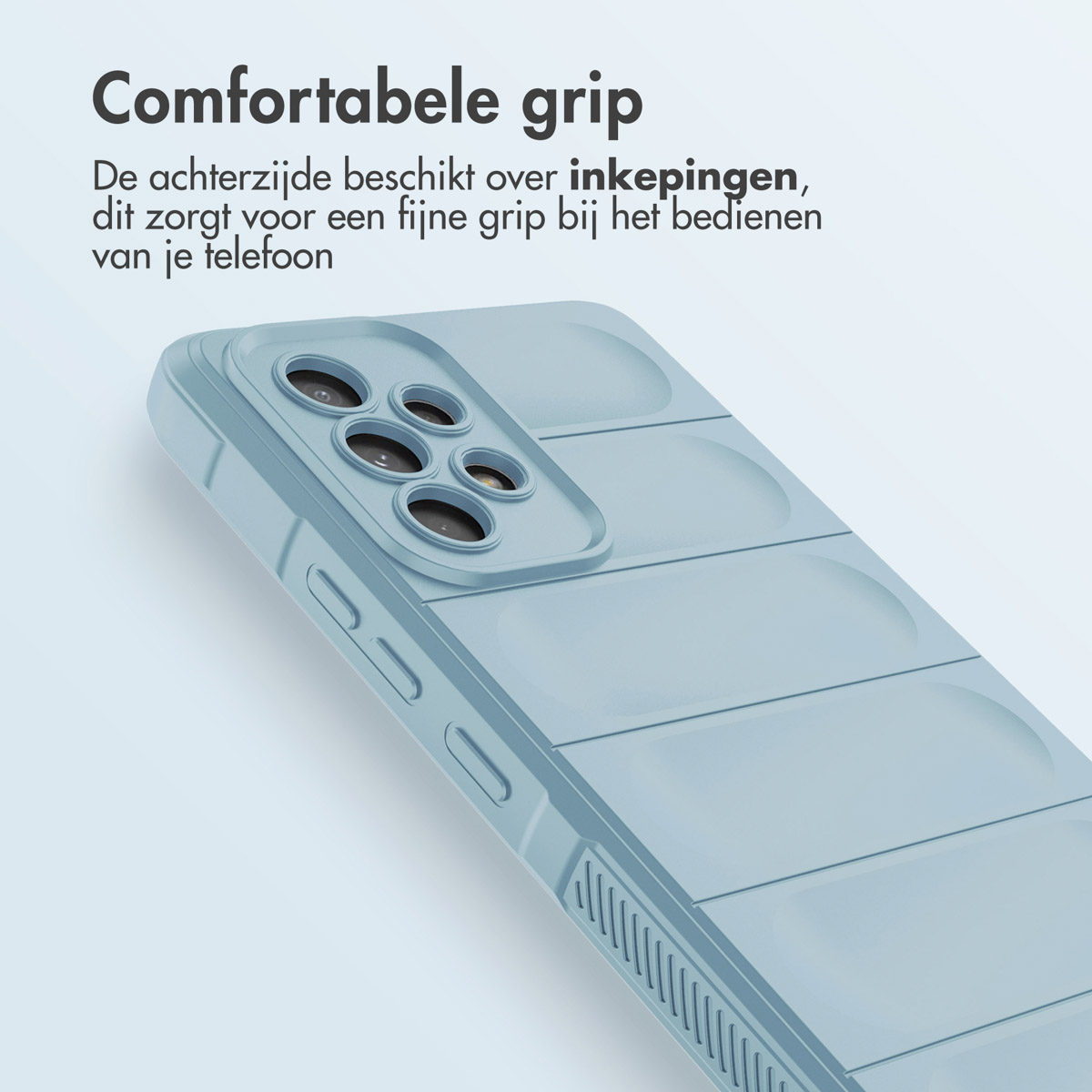 Un étui de téléphone bleu clair est montré. L'étui a un design unique, axé sur l'adhérence et le confort.