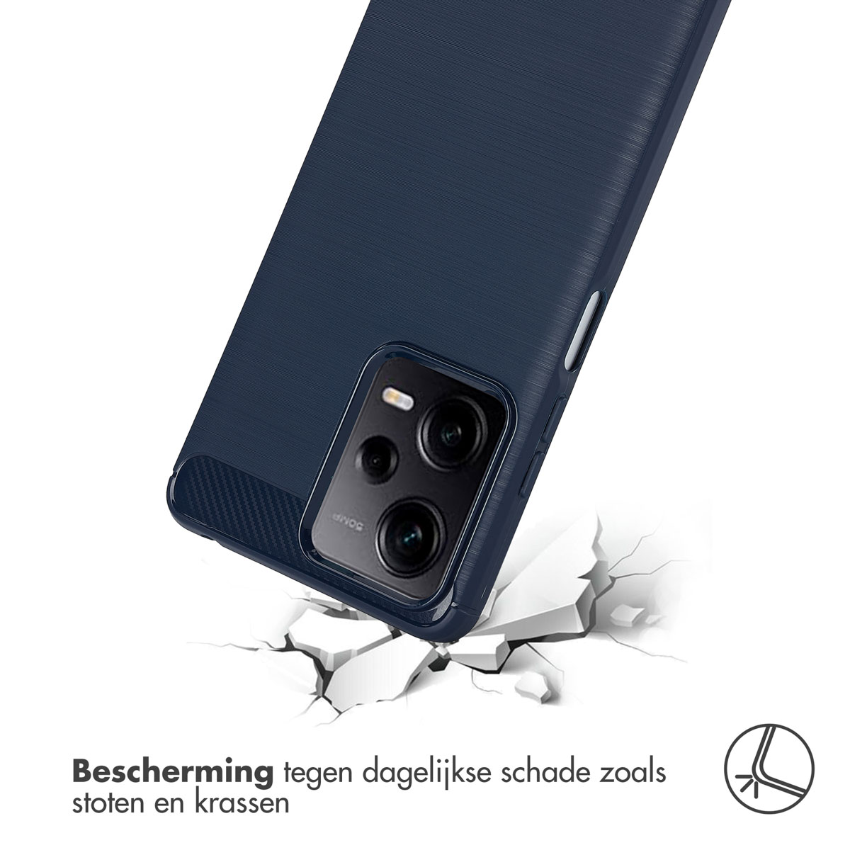 Une coque de téléphone bleue avec un dos texturé brisant une surface blanche.