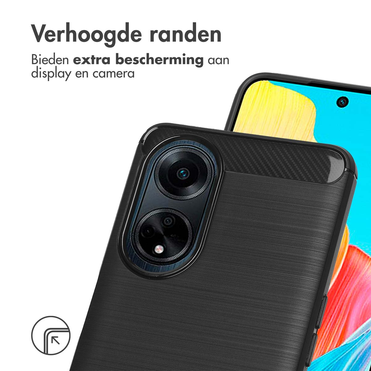 Custodia per telefono nera con protezione fotocamera. Il testo sottolinea la protezione extra per schermo e fotocamera.