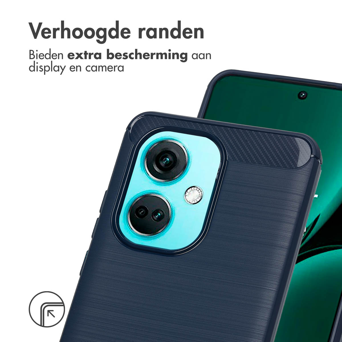 Primo piano di una custodia blu per telefono con obiettivo della fotocamera. Sfondo sfocato.