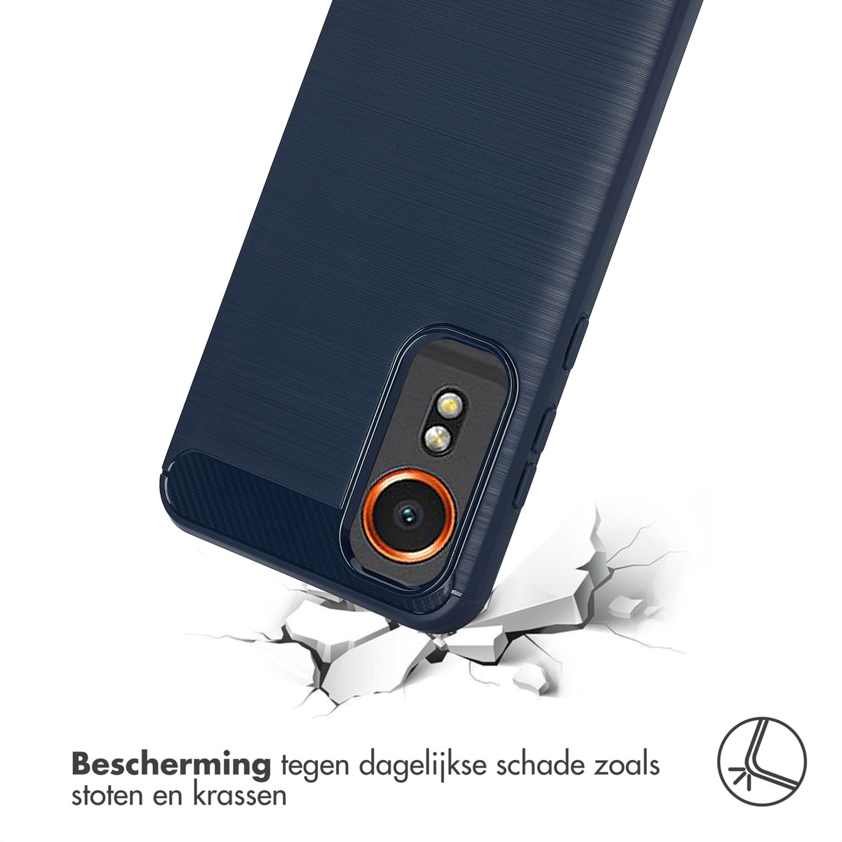 Coque de téléphone bleu foncé tombant, montrant une protection contre les rayures.