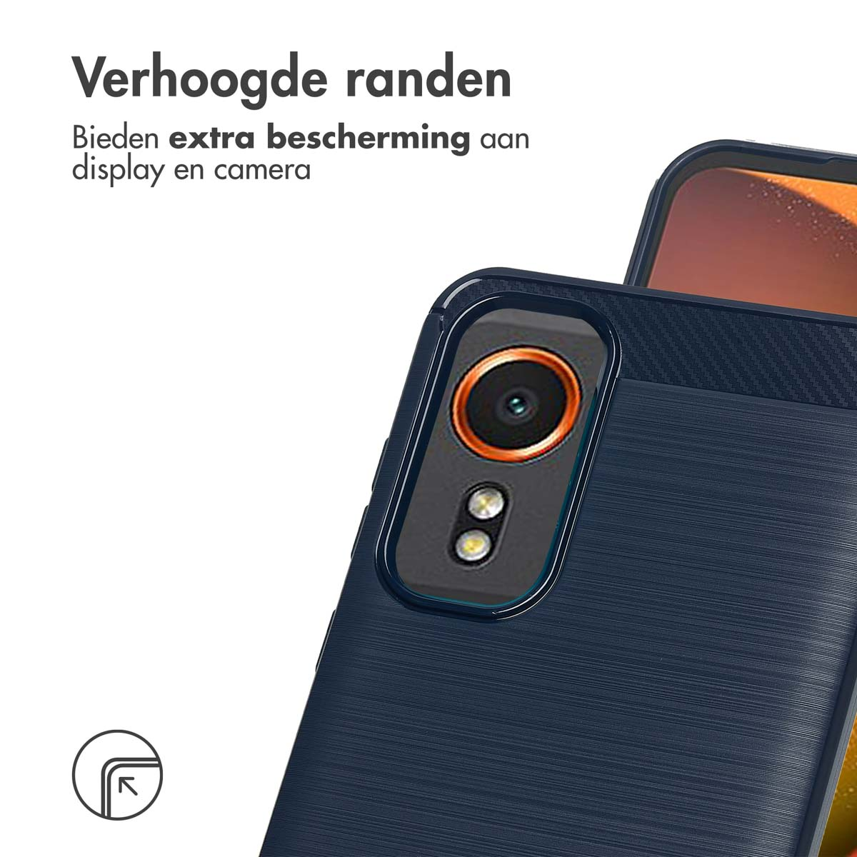Coque de téléphone bleu foncé avec une caméra. La coque a des bords surélevés. Le fond est blanc.