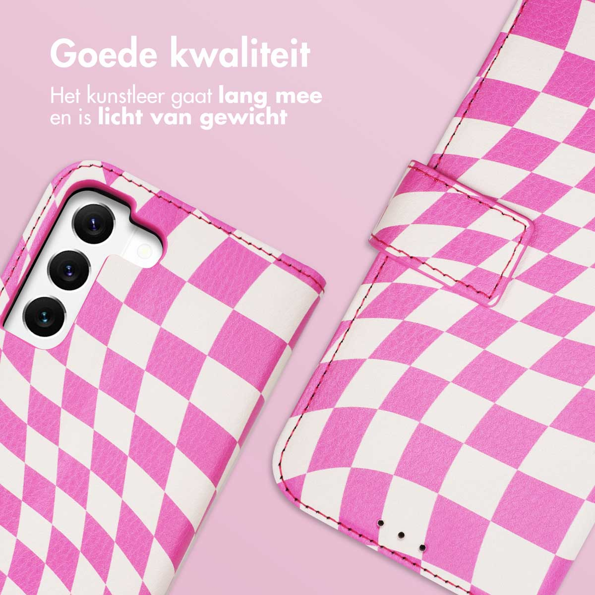 Coque à carreaux rose et blanc ; similicuir de bonne qualité, léger.