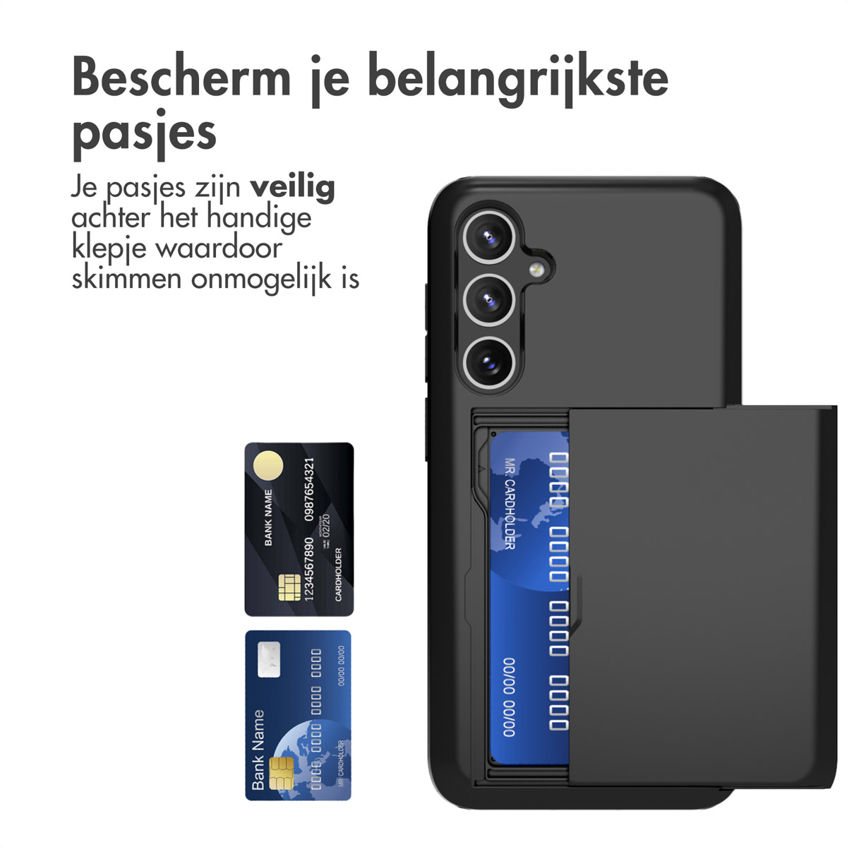 Coque de téléphone noire avec un porte-cartes, et deux cartes de crédit sont visibles.