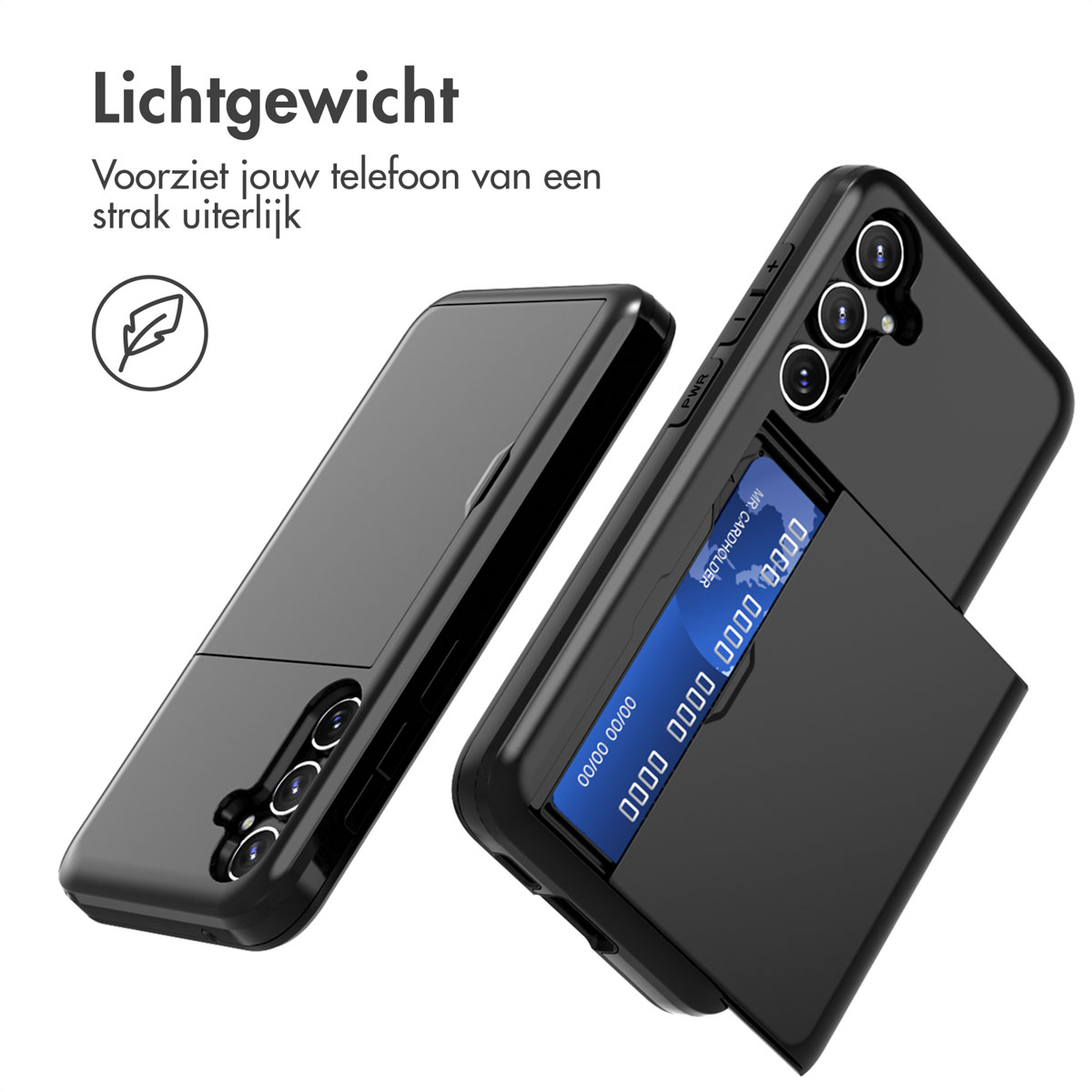 Coques de téléphone noires avec porte-cartes et texte : Lichtgewicht. Carte de crédit visible. Coques sur fond blanc.