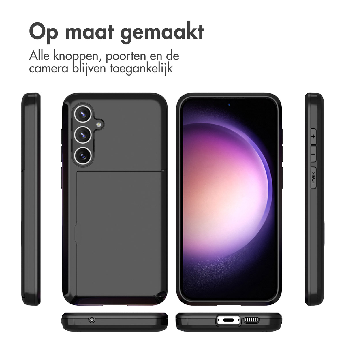 Coque de téléphone noire, vues avant, arrière et latérales. Écran visible. Texte : 'Fait sur mesure'.