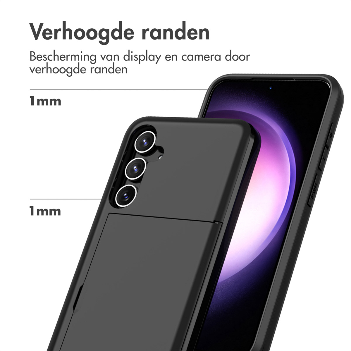 Un étui de téléphone noir sur fond blanc. L'étui a des bords surélevés. Texte : 'Bords surélevés'.