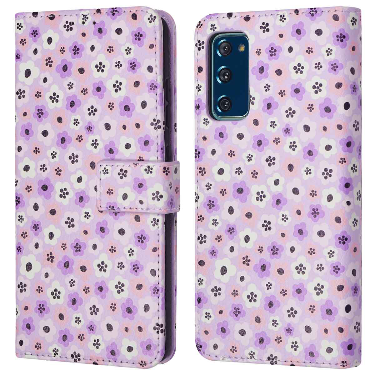 Un étui de téléphone floral violet, ouvert. Montre un téléphone et le design de l'étui, avec un fermoir.