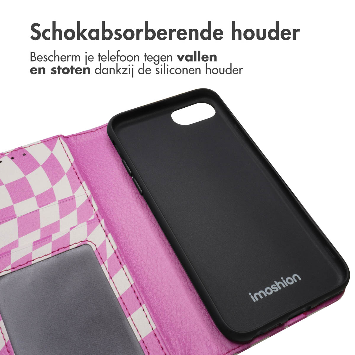 Zwarte telefoonhoes open om een roze en wit geruit patroon te onthullen, met een zak.