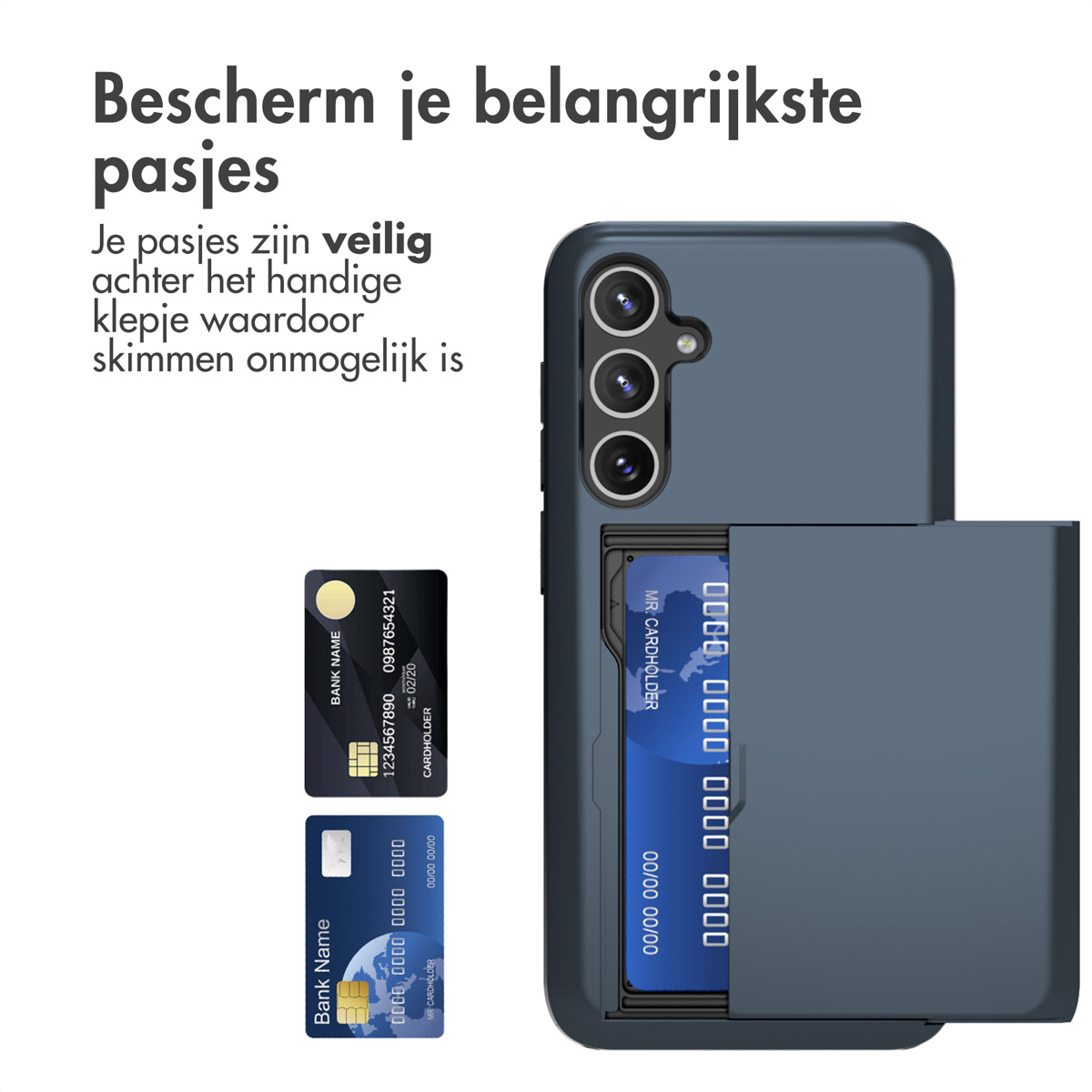 Coque de téléphone bleue avec porte-cartes et deux cartes de crédit sur fond blanc.