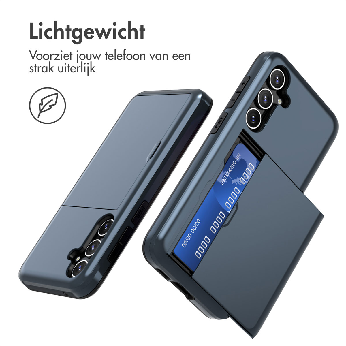 Deux étuis de téléphone sont montrés, un avec un porte-cartes. Ils sont légers et élégants.