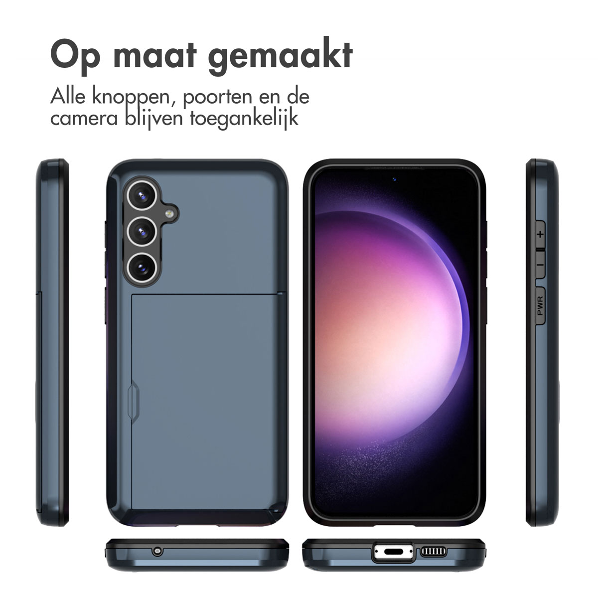 Plusieurs vues d'un étui de téléphone montrant tous les boutons et ports, avec une fente pour carte à l'arrière.