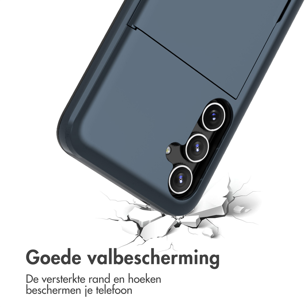 Coque de téléphone bleu foncé avec téléphone, fissures. Texte: Bonne protection contre les chutes.