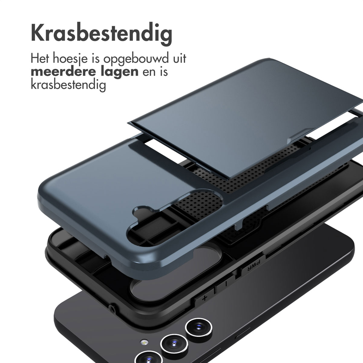 Coque de téléphone en couches, montrant l'assemblage. Inclut téléphone noir et coque bleu foncé.
