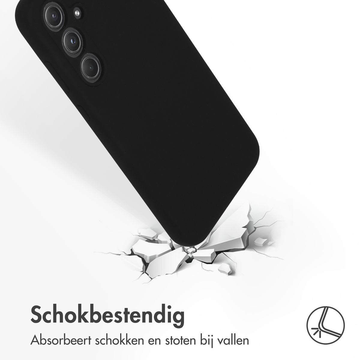 Een zwarte telefoonhoes wordt getoond. De hoes valt en breekt op een wit oppervlak.