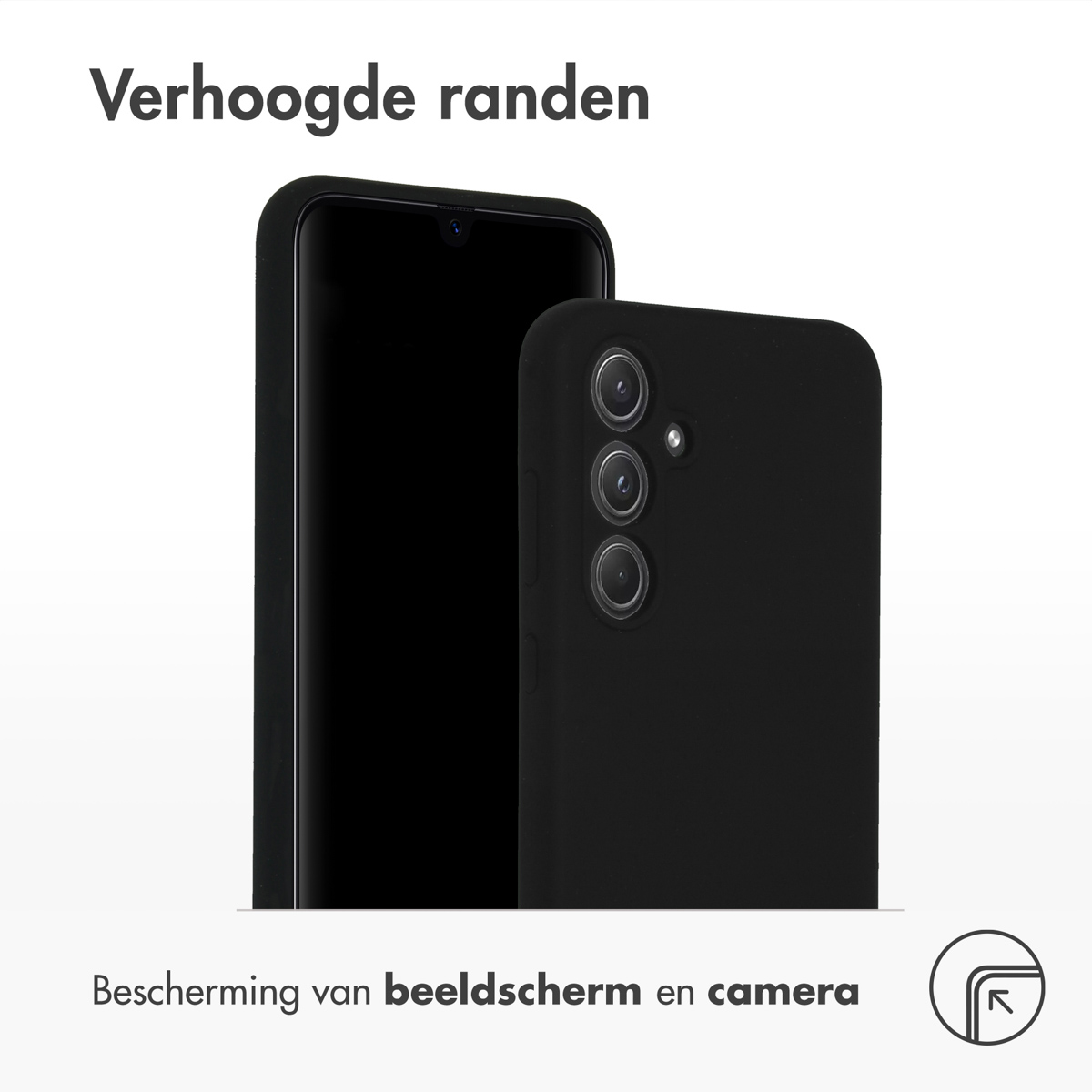 Een zwarte telefoonhoes met een telefoon erin, verhoogde randen en een uitsparing voor de camera.