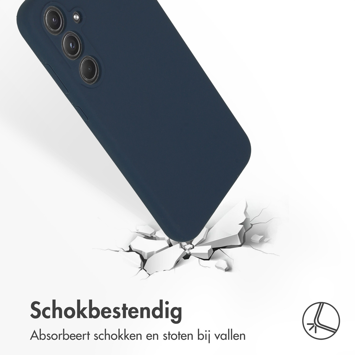Un étui de téléphone bleu marine tombant sur une surface fissurée, montrant sa fonction d'absorption des chocs.