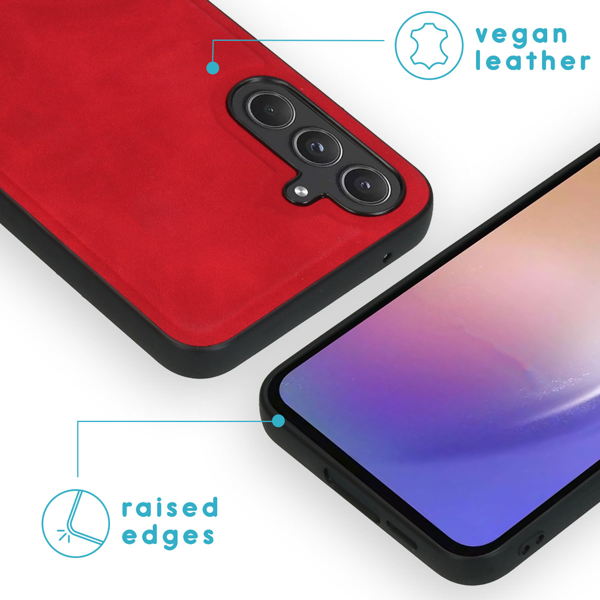 Un étui rouge avec une bordure noire et des détails en cuir végétalien. Un téléphone est dans l'étui.