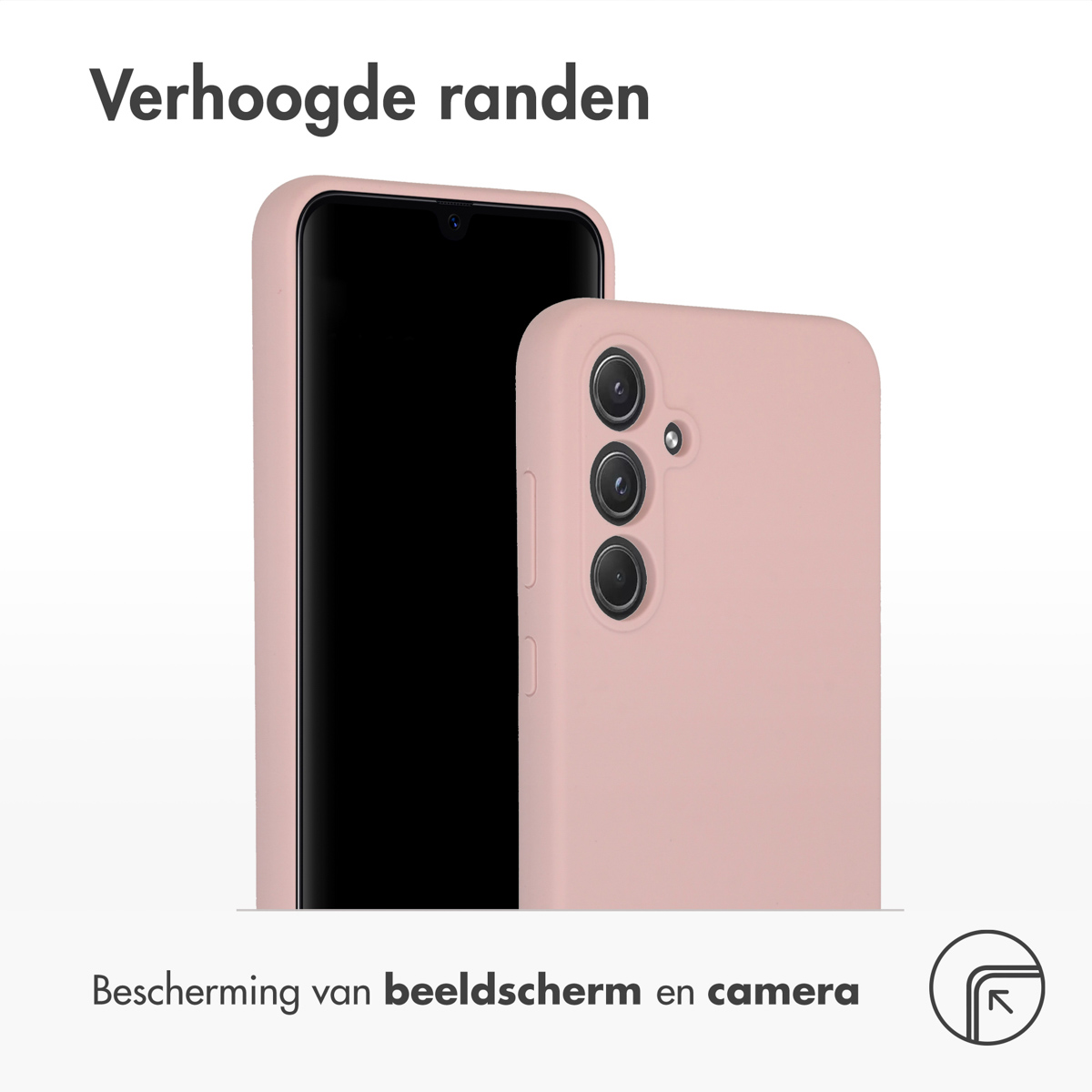 Un téléphone dans un étui rose à côté d'un téléphone, montrant l'écran. L'étui a des bords surélevés.