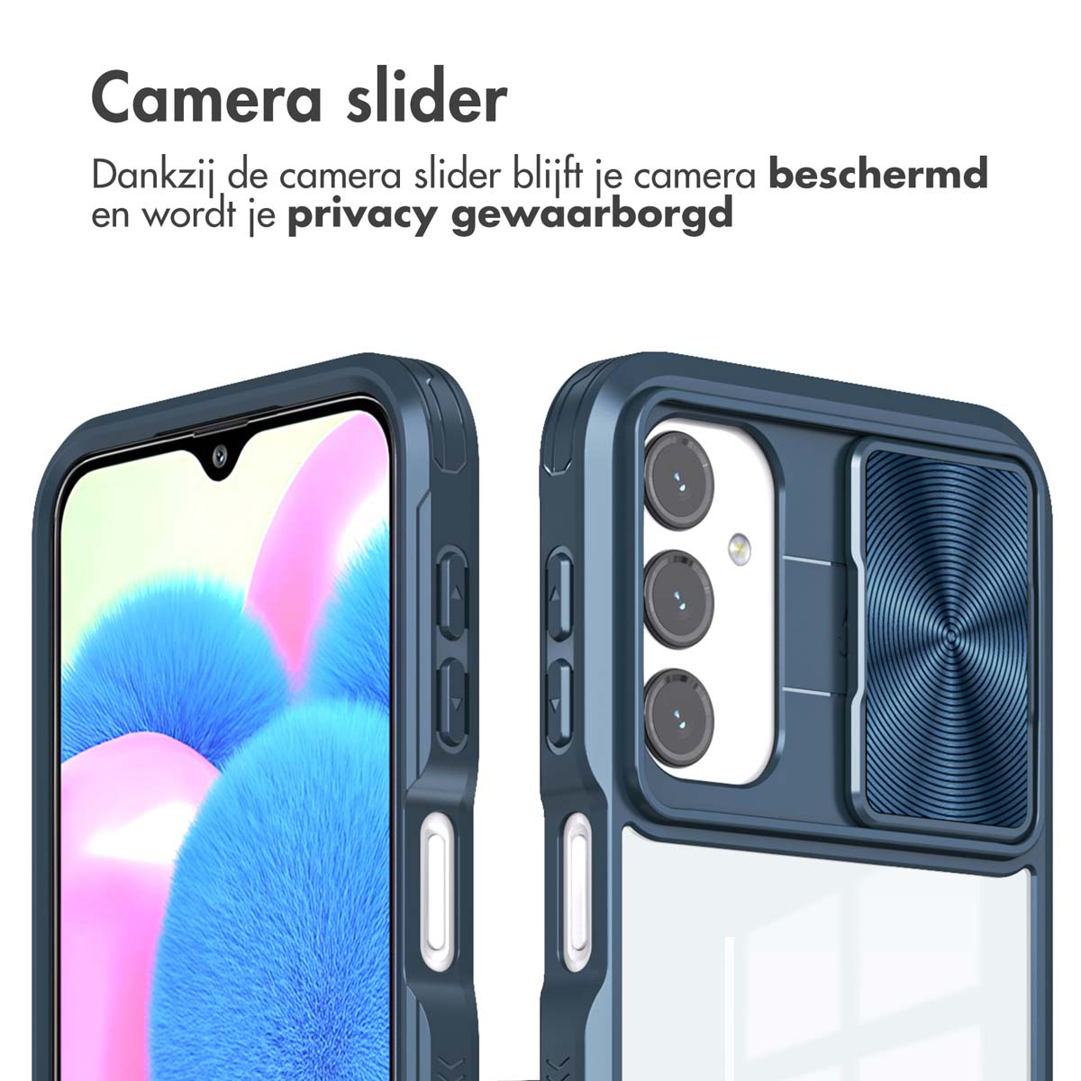 Handyhülle mit Kameraschieber. Blaue Hülle mit blauem Schieber. Blauer Hintergrund.