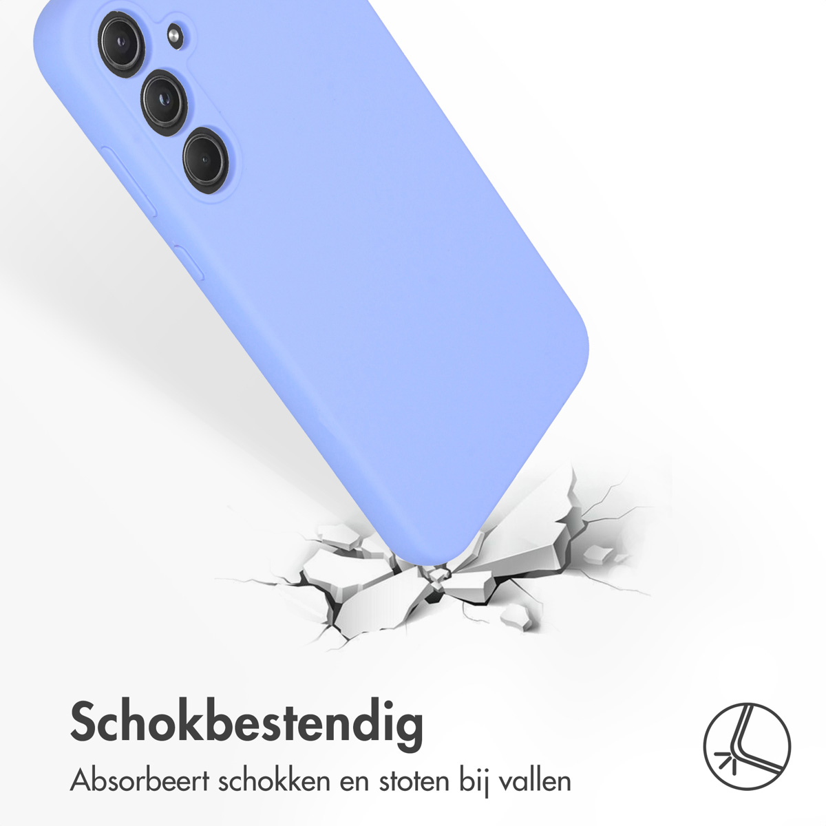 Coque de téléphone bleue impactant une surface fissurée, montrant la résistance aux chocs.