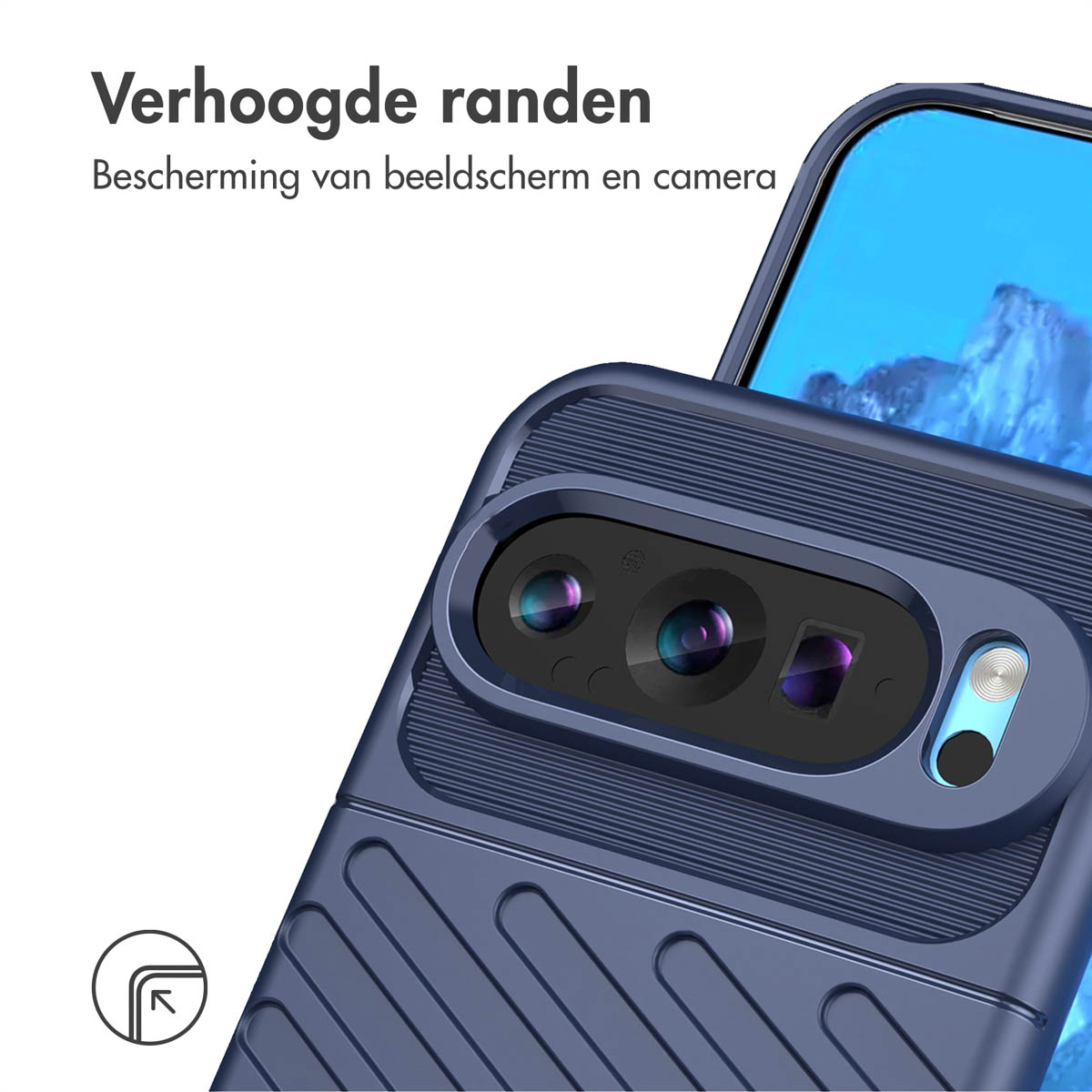Close-up van een blauwe telefoonhoes met verhoogde randen, die het scherm en de camera beschermt.