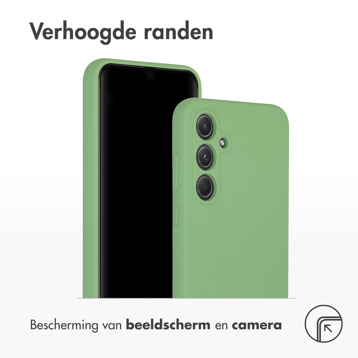 Een groene telefoonhoes wordt getoond, met verhoogde randen. Het beschermt het scherm en de camera.