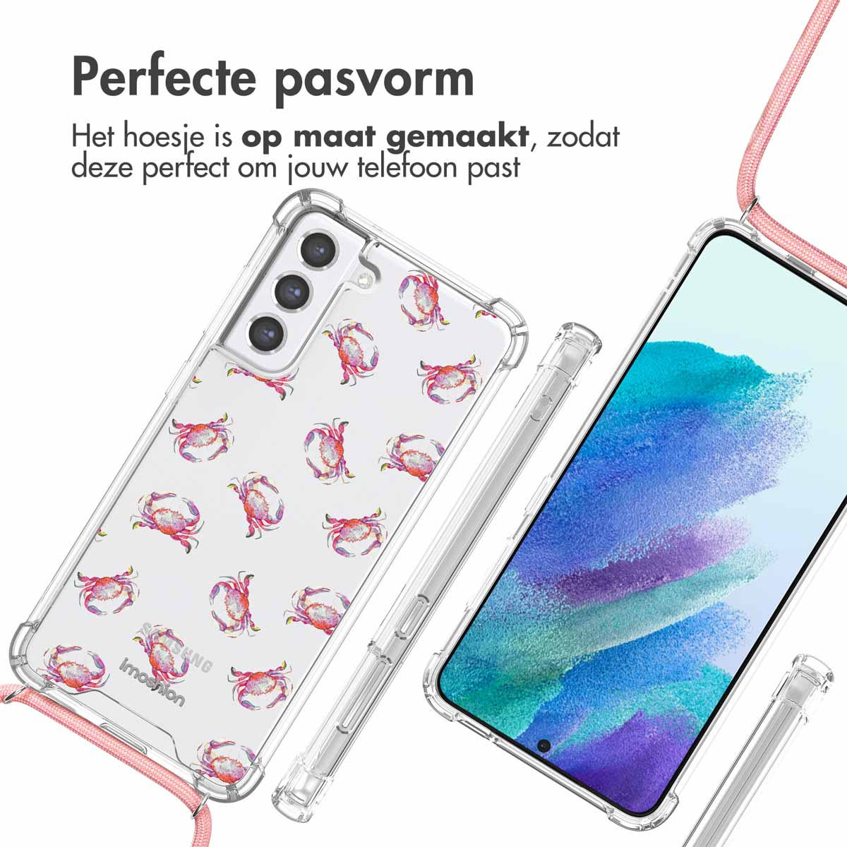 Coque de téléphone transparente avec motif crabe, téléphone et coque sur fond rose avec lanière rose.