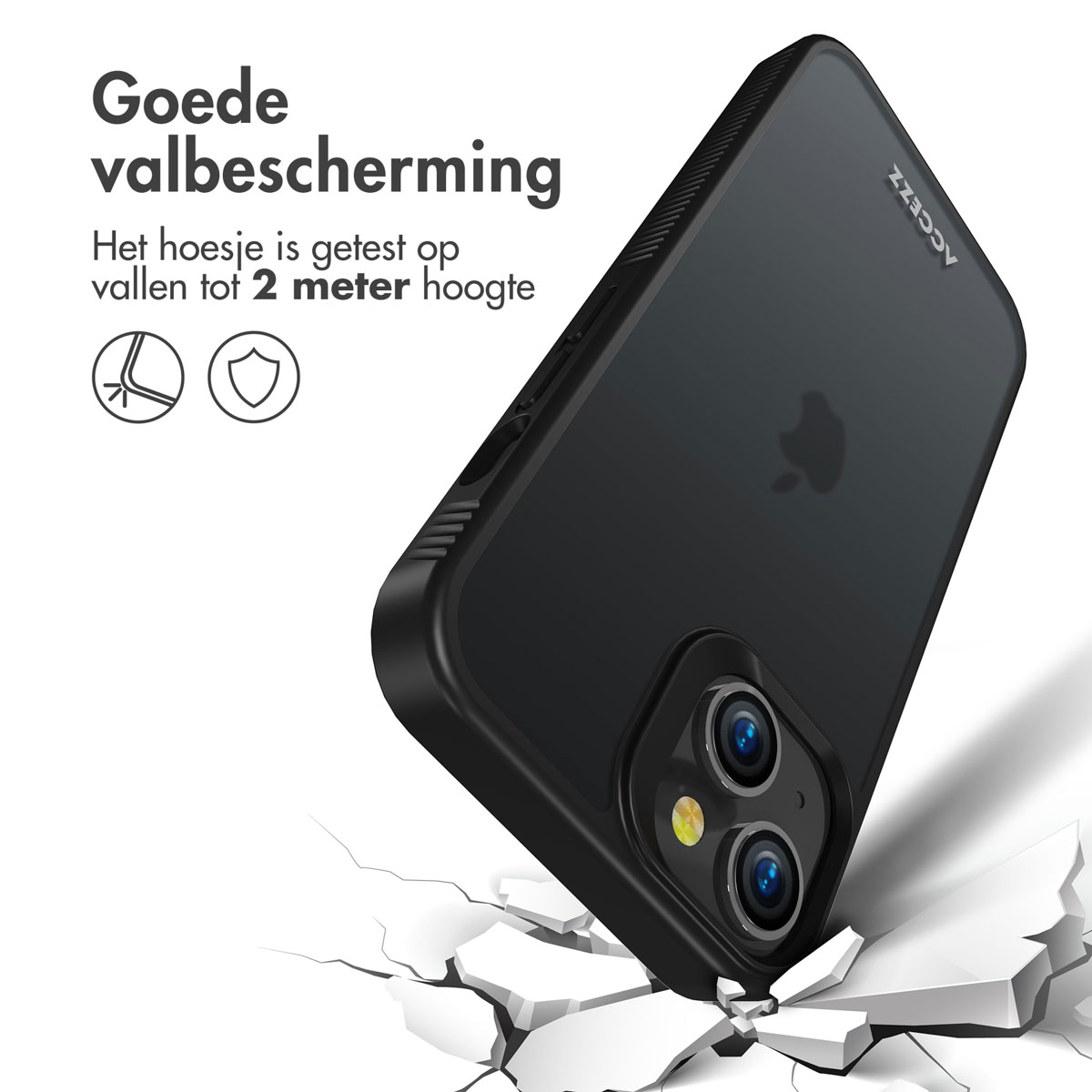 Coque noire sur surface blanche avec fissures. Coque testée pour 2 mètres.